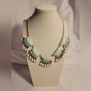 NY Mint Green Collar Necklace Gold-tone White Fringe Chunky Bib